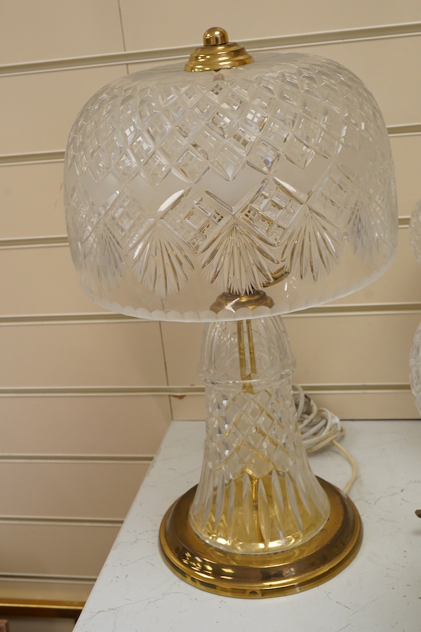 A pair of cut glass mushroom style table lamps and shades and two others, largest 48cm high